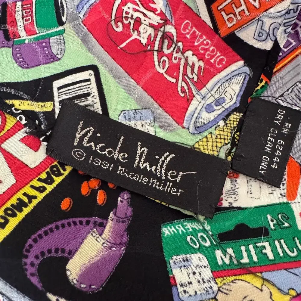 Vintage Nicole Miller 1991 Novelty Pop Art Drug Store Pharmacy Print Silk Scarf
